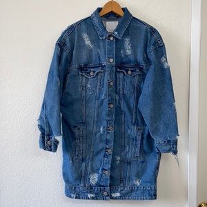 Zara Trafaluc distressed oversized destroyed long denim jean jacket Sz Medium